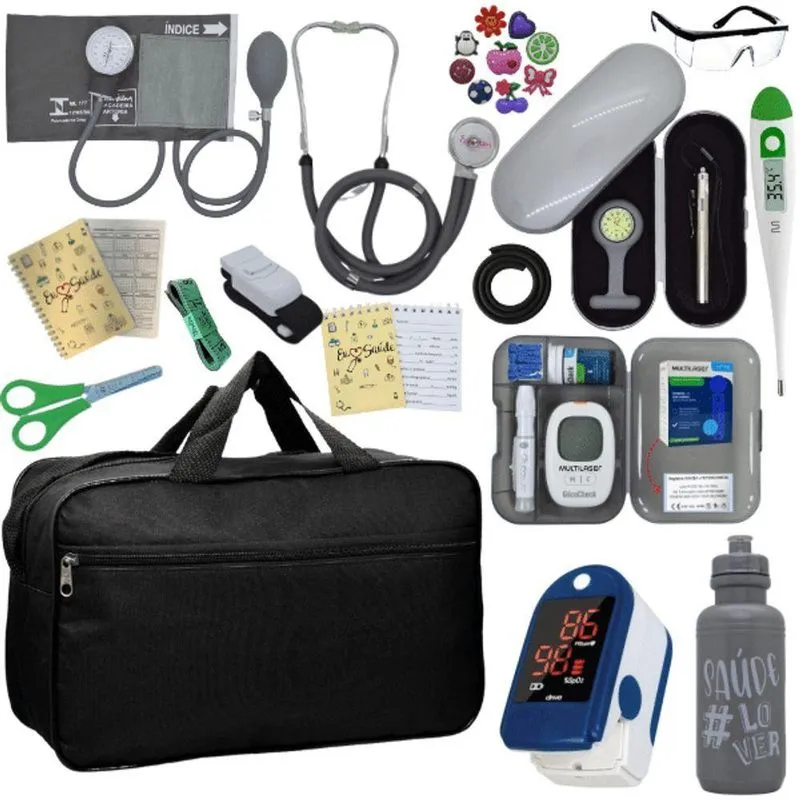 Kit Bolsa Cores Aparelho De Pressao Esfigmomanometro Estetoscópio Medidor De Glicose Completo Cinza