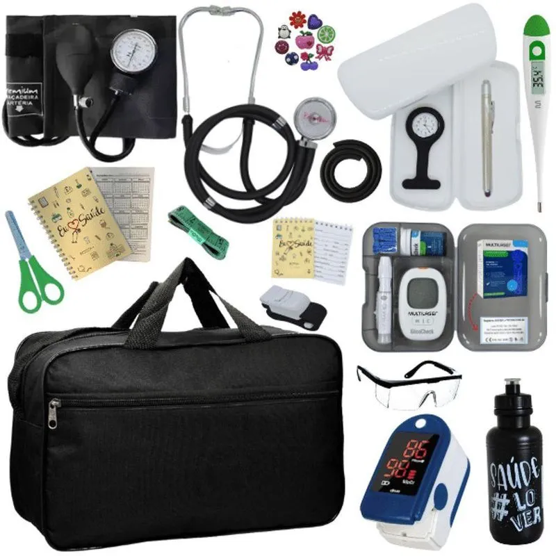 Kit Bolsa Cores Aparelho De Pressao Esfigmomanometro Estetoscópio Medidor De Glicose Completo Preto