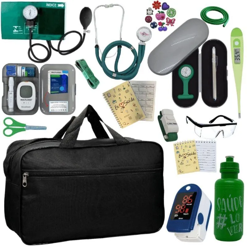 Kit Bolsa Cores Aparelho De Pressao Esfigmomanometro Estetoscópio Medidor De Glicose Completo Verde