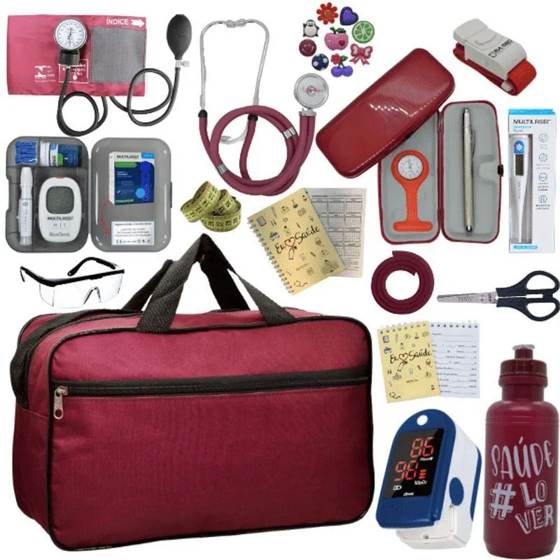 Kit Bolsa Cores Aparelho De Pressao Esfigmomanometro Estetoscópio Medidor De Glicose Completo Vermelho Escuro