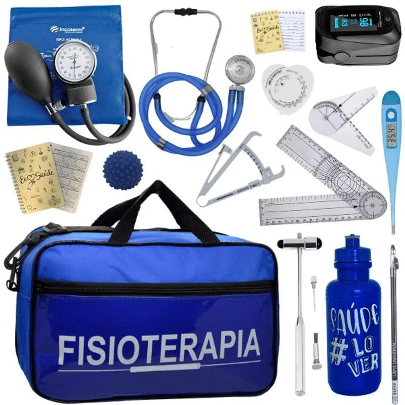 Kit Bolsa Fisioterapia Acadêmico Goniômetro Martelo Buck Fita Antropométrica Completo Azul