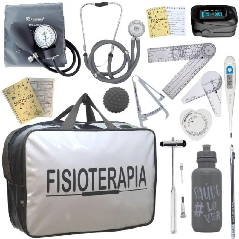 Kit Bolsa Fisioterapia Acadêmico Goniômetro Martelo Buck Fita Antropométrica Completo Cinza