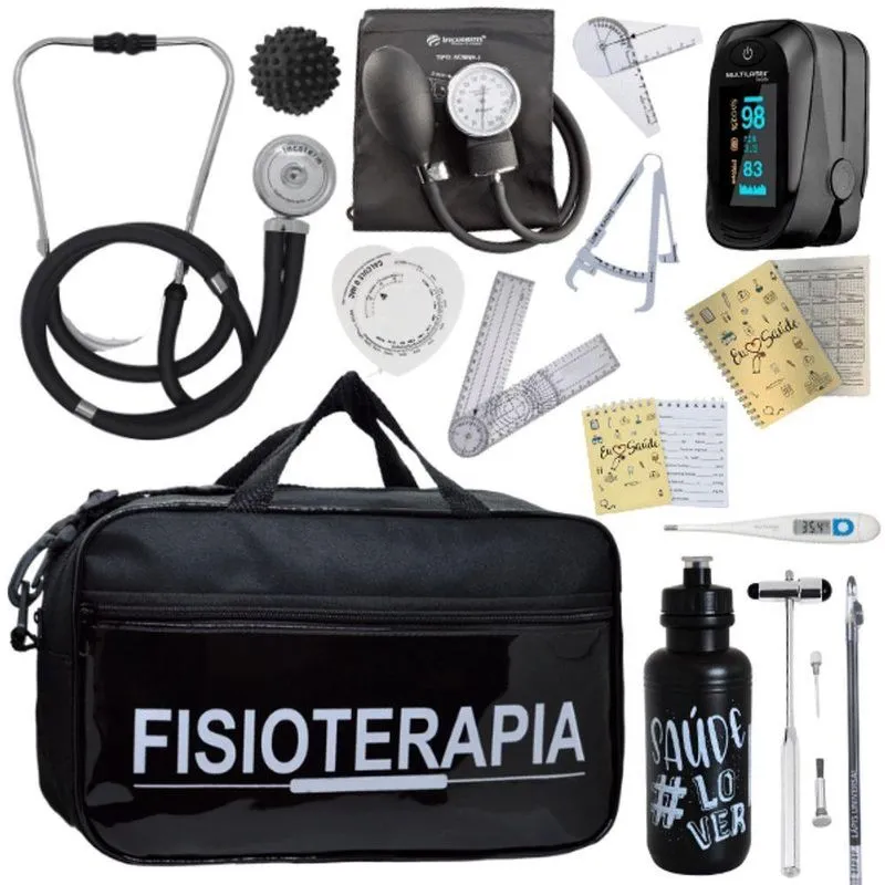 Kit Bolsa Fisioterapia Acadêmico Goniômetro Martelo Buck Fita Antropométrica Completo Preto