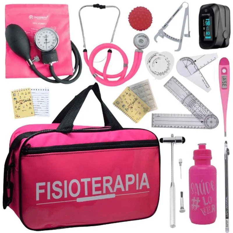 Kit Bolsa Fisioterapia Acadêmico Goniômetro Martelo Buck Fita Antropométrica Completo Fúcsia