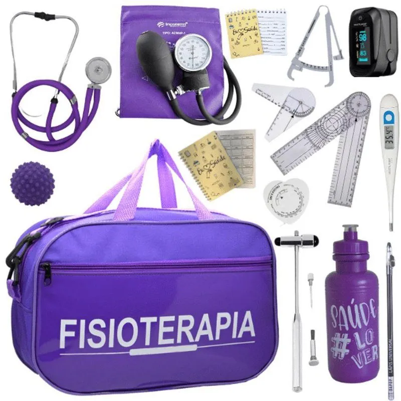 Kit Bolsa Fisioterapia Acadêmico Goniômetro Martelo Buck Fita Antropométrica Completo Violeta Escuro