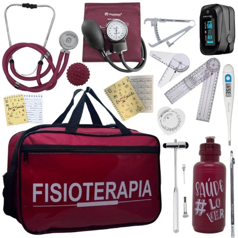 Kit Bolsa Fisioterapia Acadêmico Goniômetro Martelo Buck Fita Antropométrica Completo Vermelho Escuro