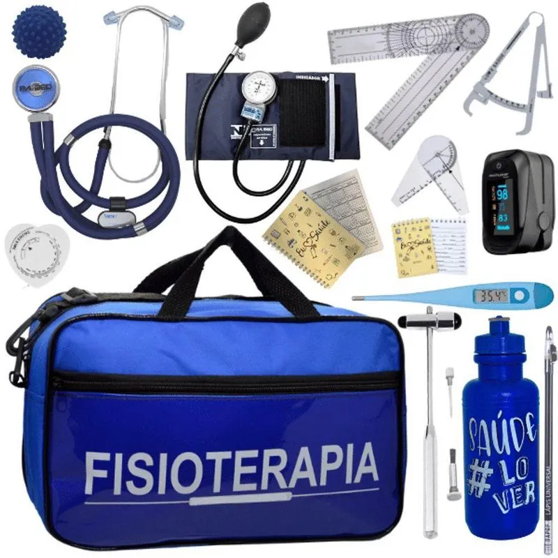 Kit Bolsa Fisioterapia Acadêmico Goniômetro Martelo Buck Fita Antropométrica Completo Azul