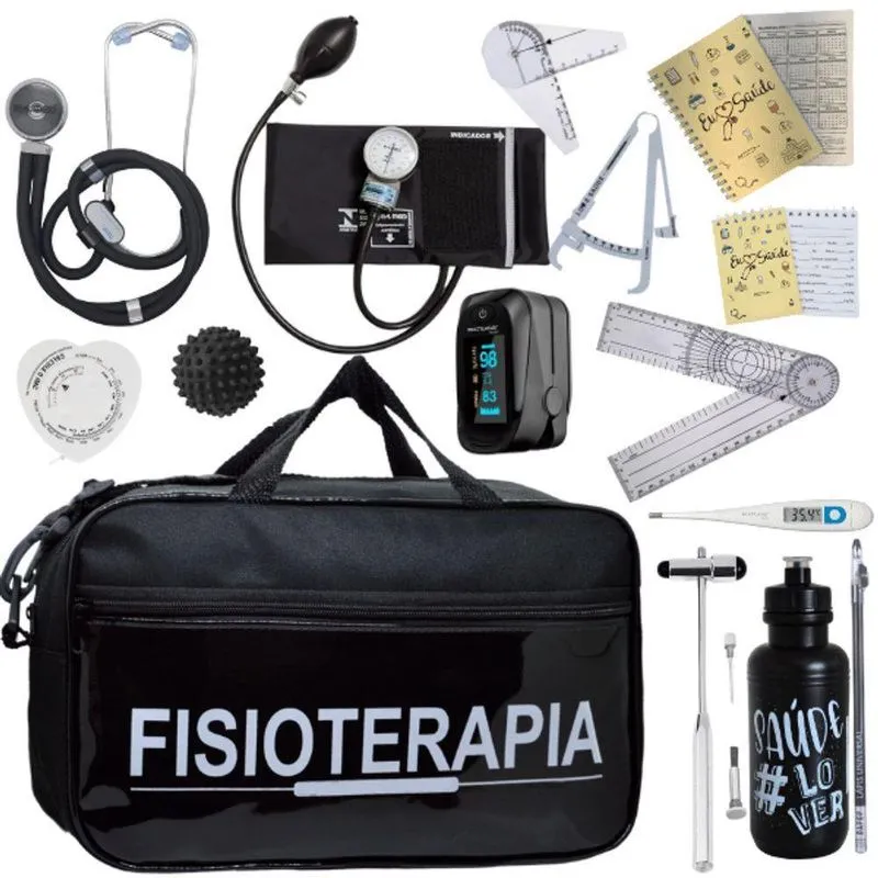 Kit Bolsa Fisioterapia Acadêmico Goniômetro Martelo Buck Fita Antropométrica Completo Preto
