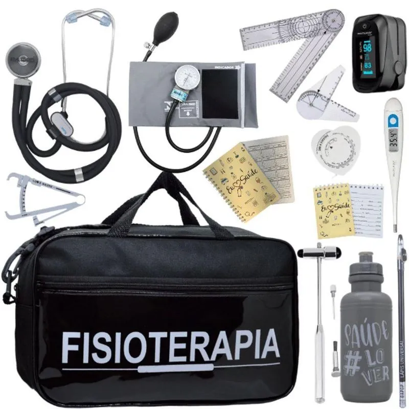 Kit Bolsa Fisioterapia Acadêmico Goniômetro Martelo Buck Fita Antropométrica Completo Cinza