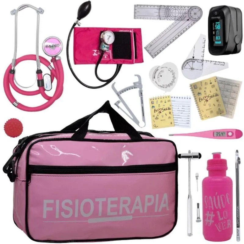 Kit Bolsa Fisioterapia Acadêmico Goniômetro Martelo Buck Fita Antropométrica Completo Rosa