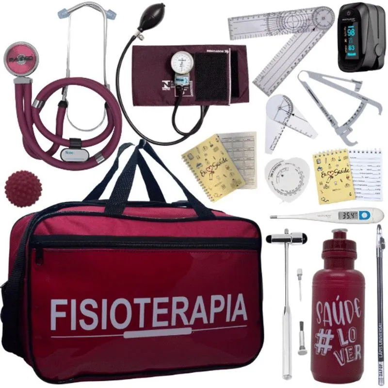 Kit Bolsa Fisioterapia Acadêmico Goniômetro Martelo Buck Fita Antropométrica Completo Vermelho Escuro