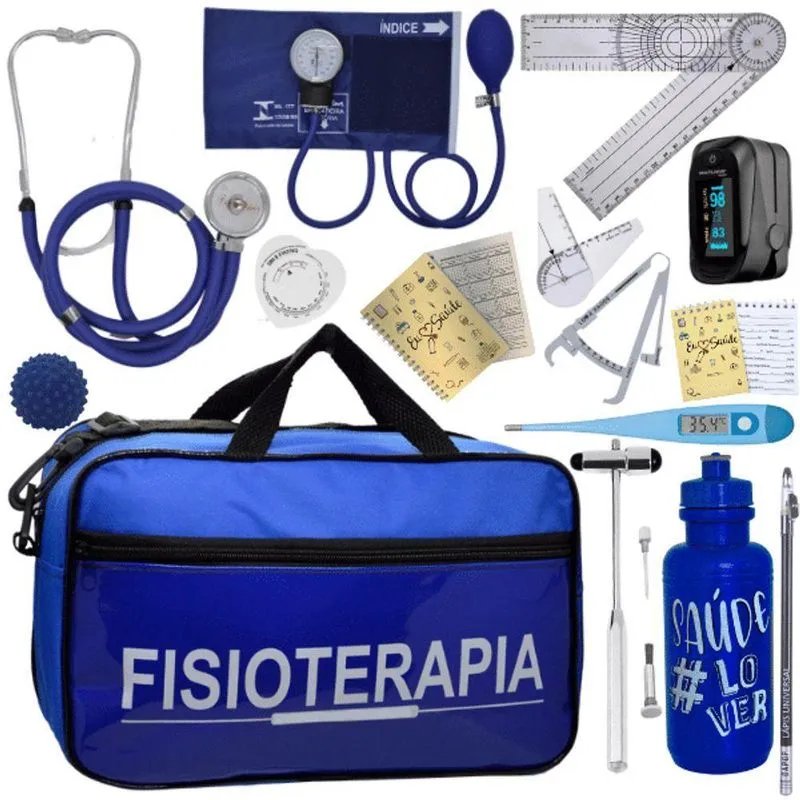Kit Bolsa Fisioterapia Acadêmico Goniômetro Martelo Buck Fita Antropométrica Completo Azul