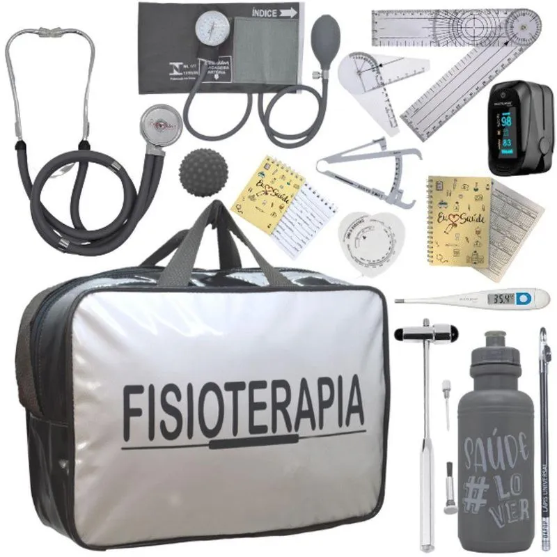 Kit Bolsa Fisioterapia Acadêmico Goniômetro Martelo Buck Fita Antropométrica Completo Cinza
