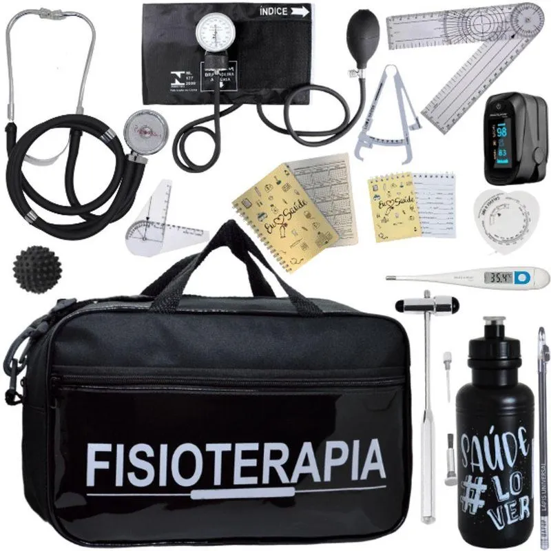 Kit Bolsa Fisioterapia Acadêmico Goniômetro Martelo Buck Fita Antropométrica Completo Preto