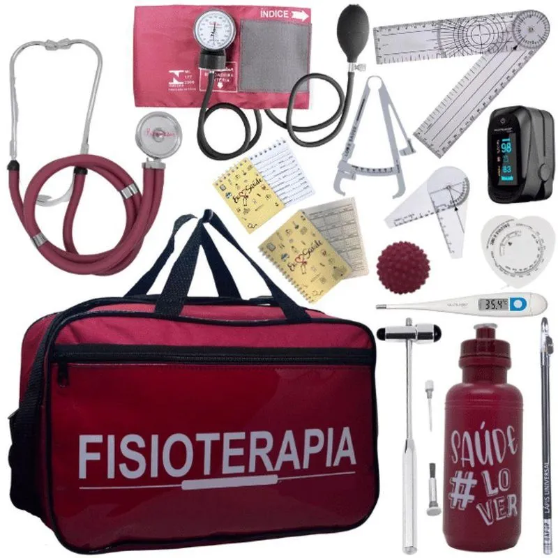 Kit Bolsa Fisioterapia Acadêmico Goniômetro Martelo Buck Fita Antropométrica Completo Vermelho Escuro
