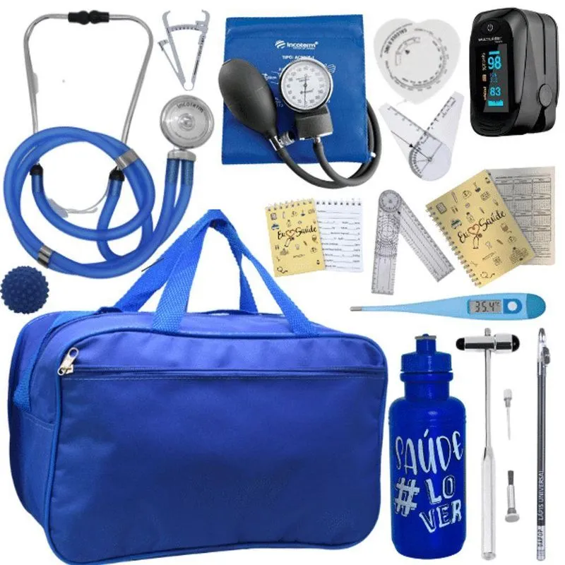Kit Bolsa Fisioterapia Acadêmico Martelo Buck Goniômetro Completo Cinza