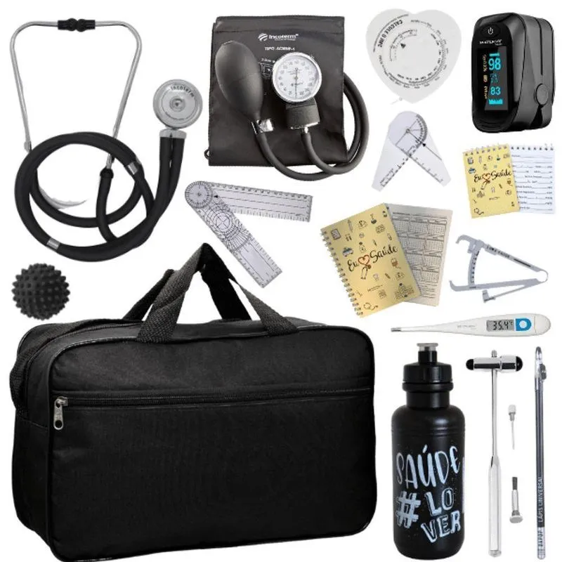Kit Bolsa Fisioterapia Acadêmico Martelo Buck Goniômetro Completo Preto