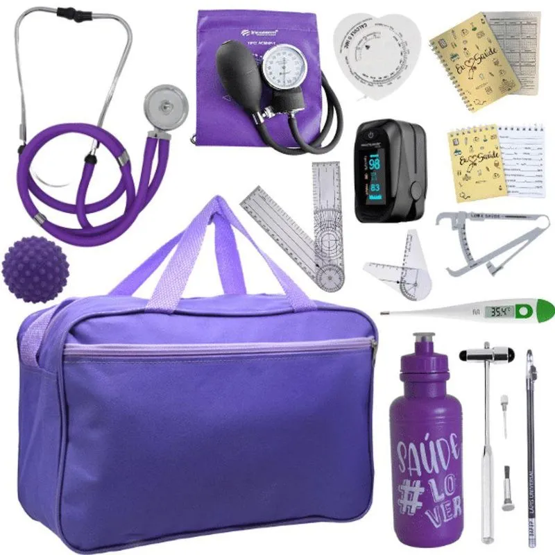 Kit Bolsa Fisioterapia Acadêmico Martelo Buck Goniômetro Completo Violeta Escuro