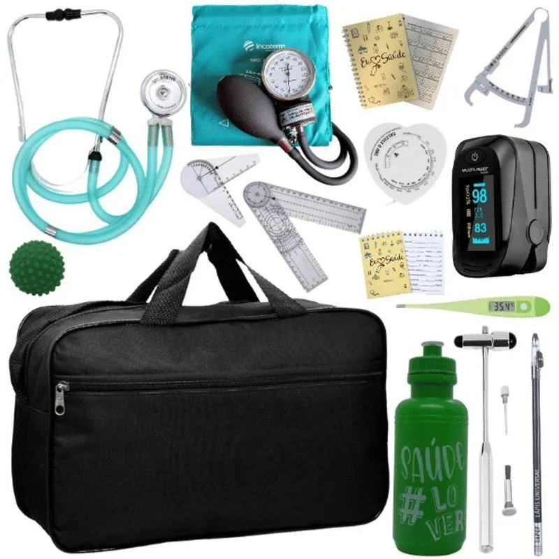 Kit Bolsa Fisioterapia Acadêmico Martelo Buck Goniômetro Completo Verde