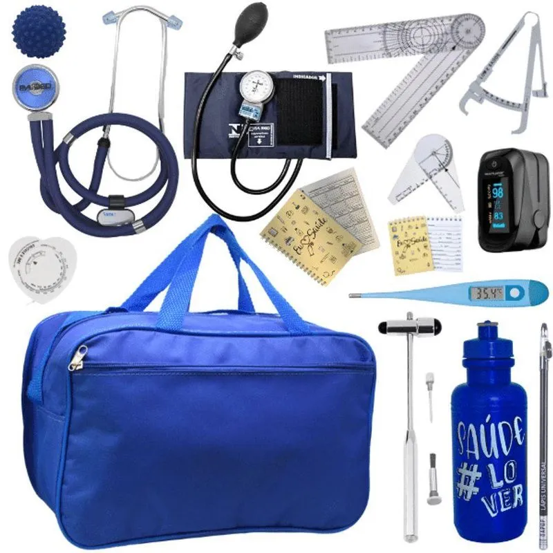 Kit Bolsa Fisioterapia Acadêmico Martelo Buck Goniômetro Completo Azul