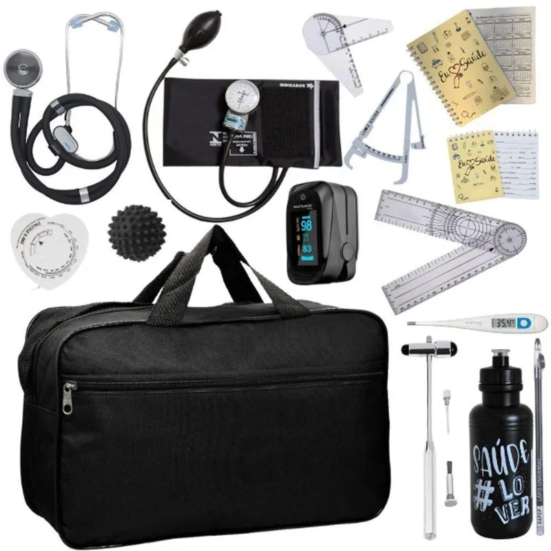 Kit Bolsa Fisioterapia Acadêmico Martelo Buck Goniômetro Completo Preto