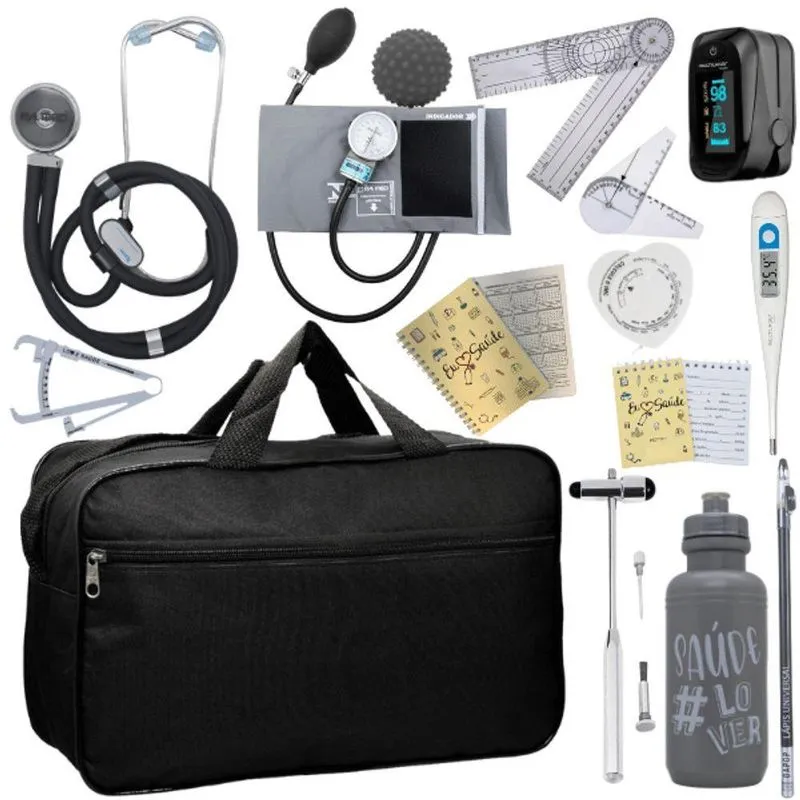 Kit Bolsa Fisioterapia Acadêmico Martelo Buck Goniômetro Completo Cinza