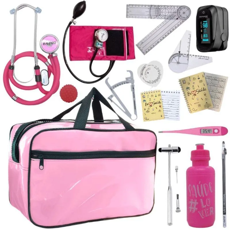 Kit Bolsa Fisioterapia Acadêmico Martelo Buck Goniômetro Completo Rosa