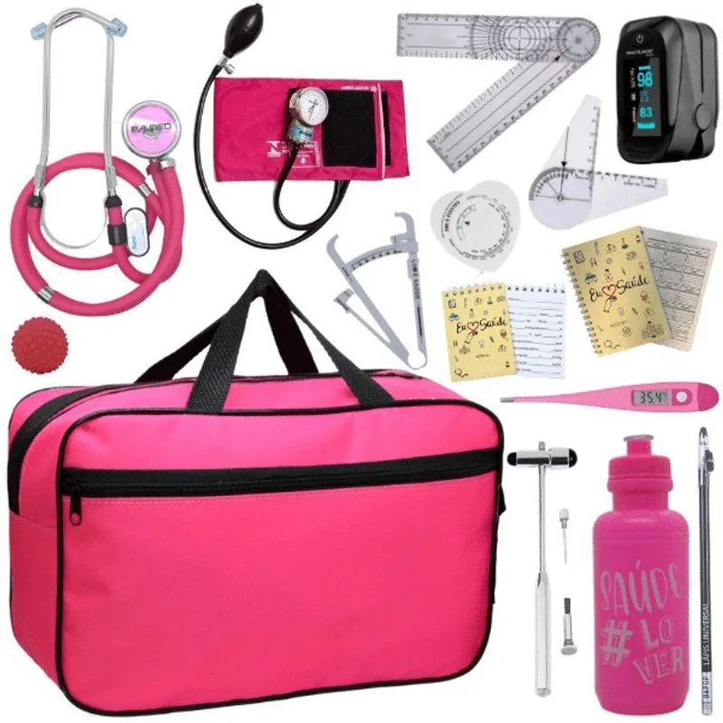 Kit Bolsa Fisioterapia Acadêmico Martelo Buck Goniômetro Completo Fúcsia