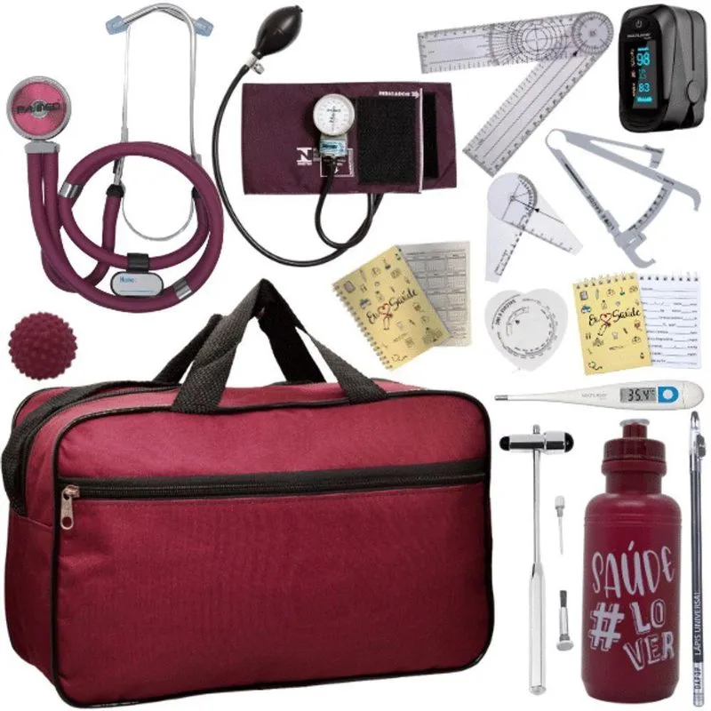 Kit Bolsa Fisioterapia Acadêmico Martelo Buck Goniômetro Completo Vermelho Escuro