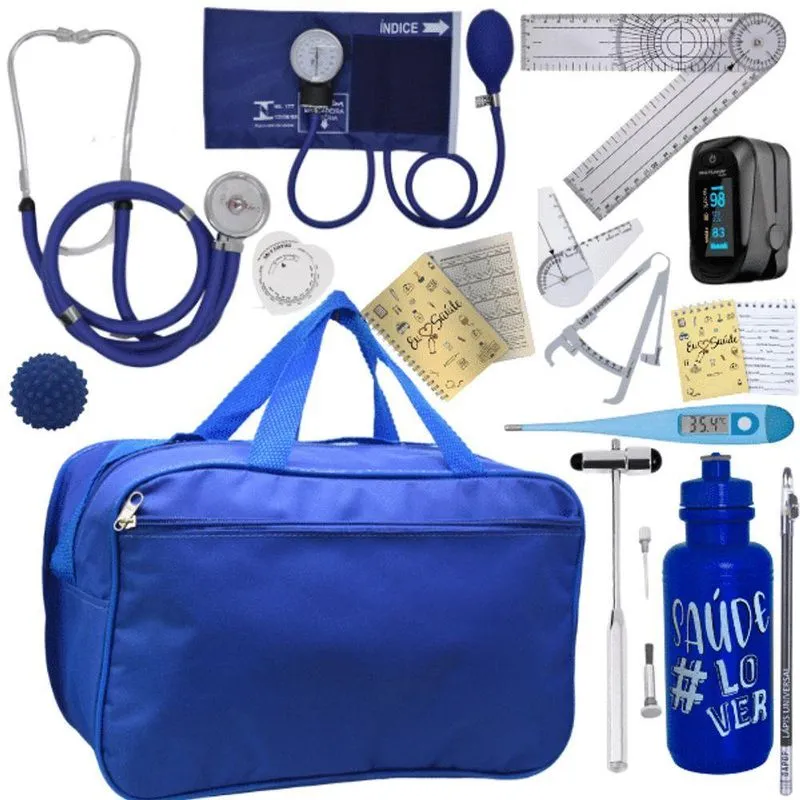 Kit Bolsa Fisioterapia Acadêmico Martelo Buck Goniômetro Completo Azul