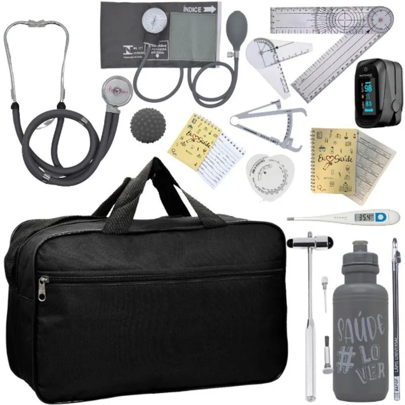 Kit Bolsa Fisioterapia Acadêmico Martelo Buck Goniômetro Completo Cinza