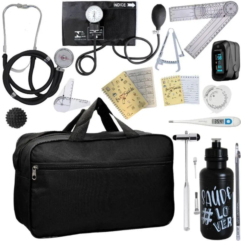 Kit Bolsa Fisioterapia Acadêmico Martelo Buck Goniômetro Completo Preto