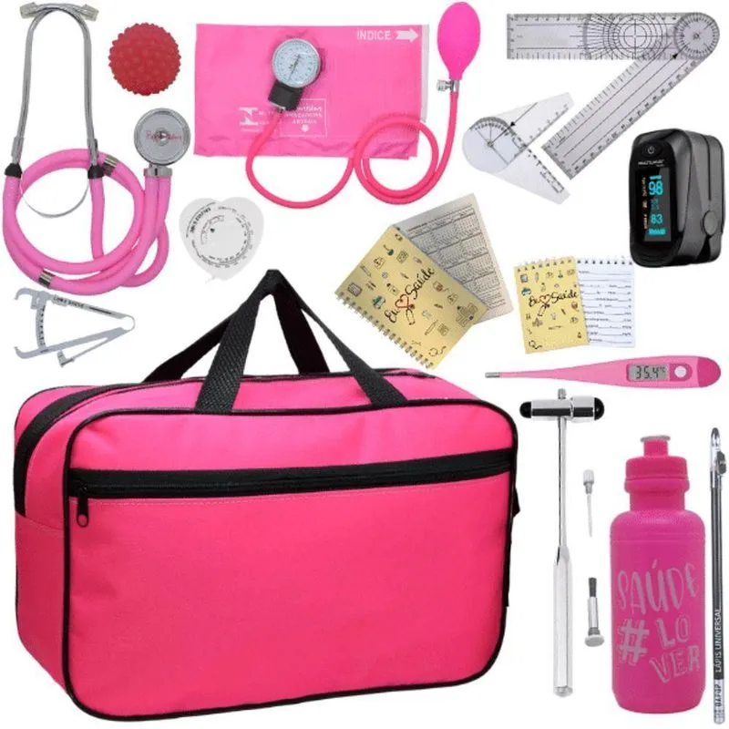 Kit Bolsa Fisioterapia Acadêmico Martelo Buck Goniômetro Completo Fúcsia