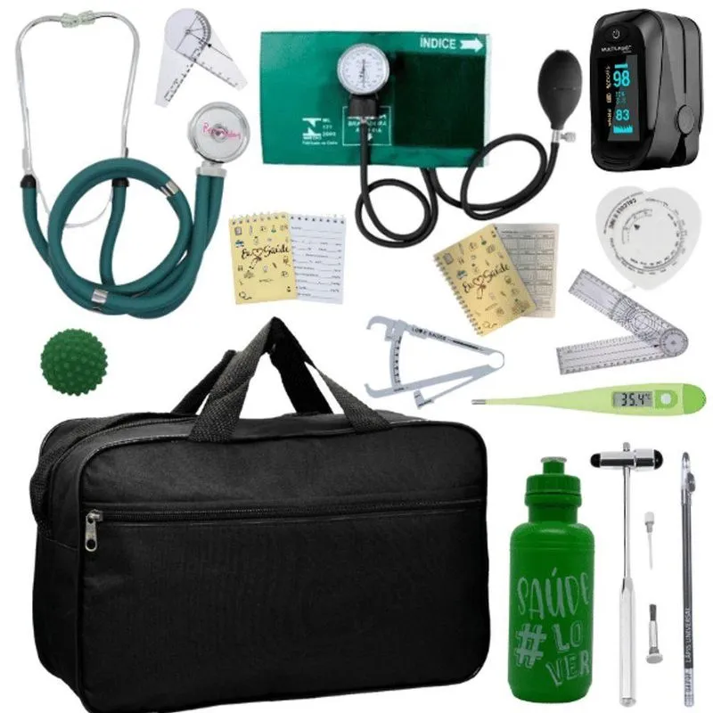 Kit Bolsa Fisioterapia Acadêmico Martelo Buck Goniômetro Completo Verde
