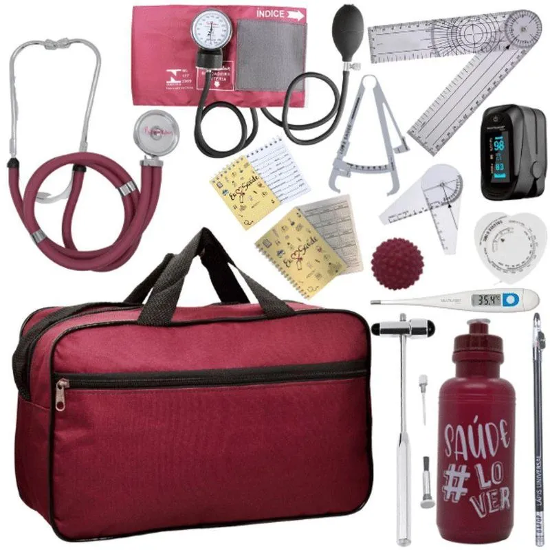 Kit Bolsa Fisioterapia Acadêmico Martelo Buck Goniômetro Completo Vermelho Escuro