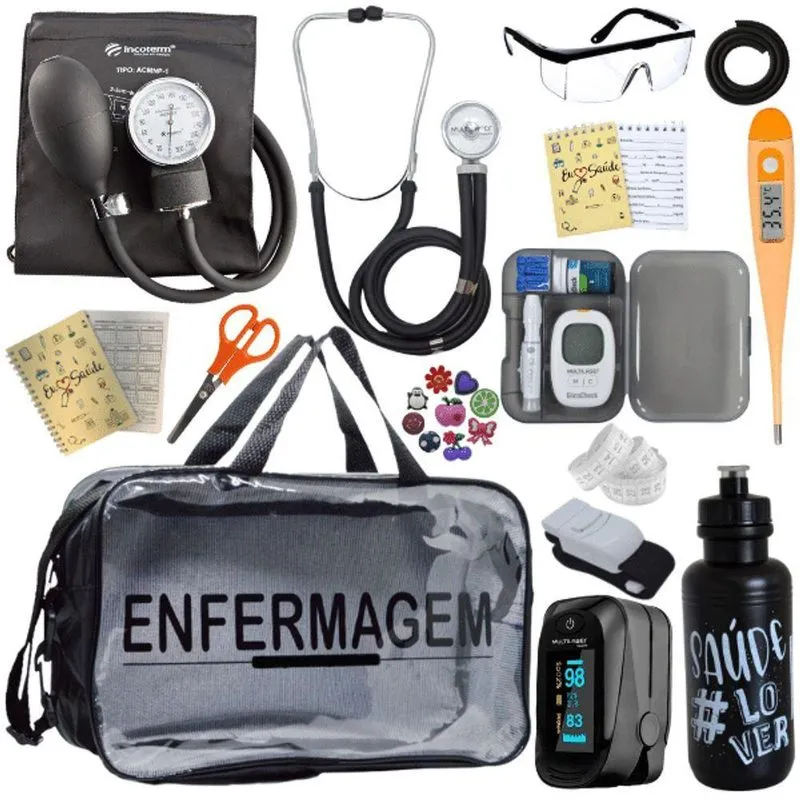 Kit Bolsa Aparelho De Pressão Aneroide Medidor De Glicose Completo Enfermagem Preto