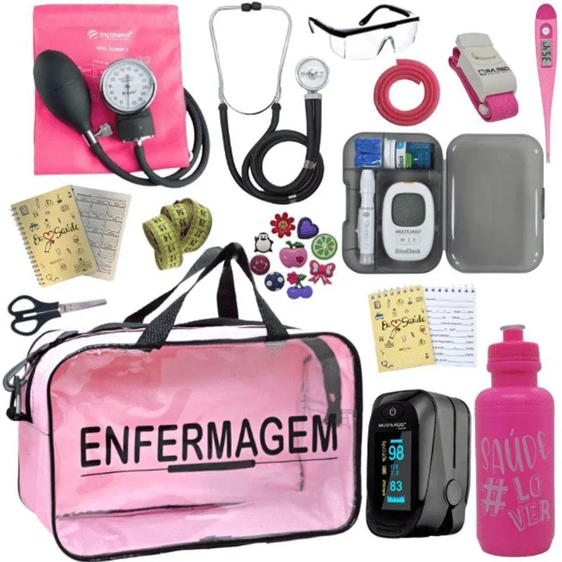 Kit Bolsa Aparelho De Pressão Aneroide Medidor De Glicose Completo Enfermagem Fúcsia