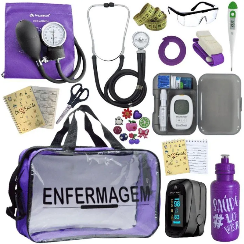 Kit Bolsa Aparelho De Pressão Aneroide Medidor De Glicose Completo Enfermagem Violeta Escuro
