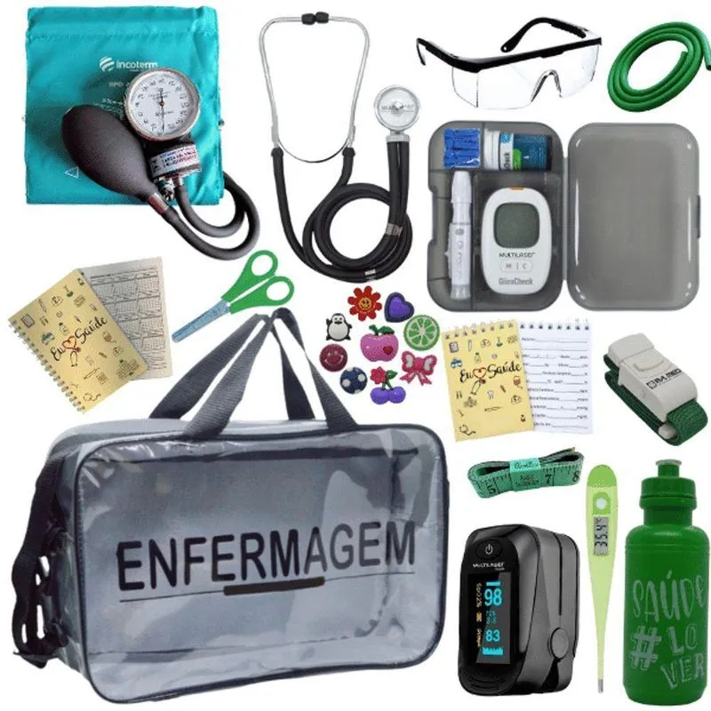 Kit Bolsa Aparelho De Pressão Aneroide Medidor De Glicose Completo Enfermagem Verde