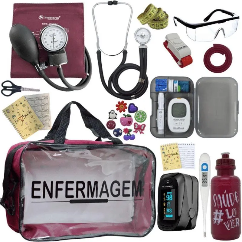 Kit Bolsa Aparelho De Pressão Aneroide Medidor De Glicose Completo Enfermagem Vermelho Escuro