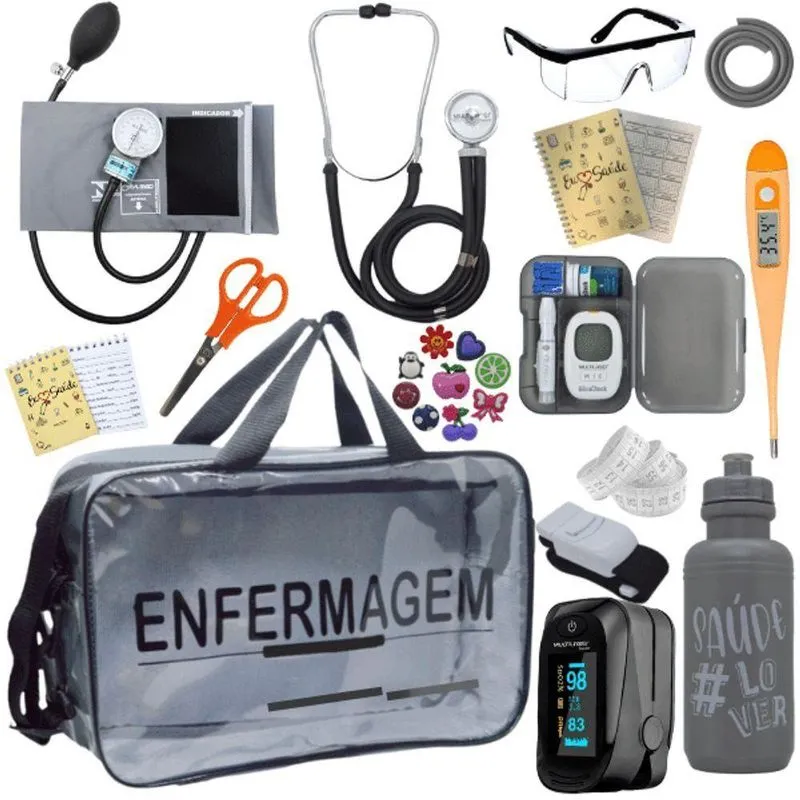 Kit Bolsa Aparelho De Pressão Aneroide Medidor De Glicose Completo Enfermagem Cinza