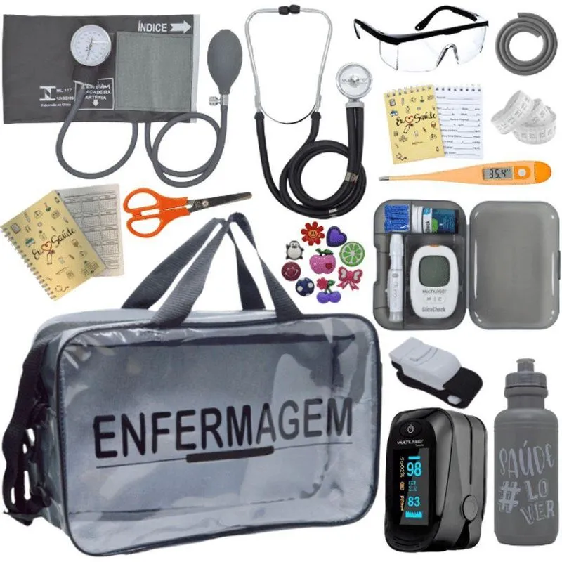 Kit Bolsa Aparelho De Pressão Aneroide Medidor De Glicose Completo Enfermagem Cinza