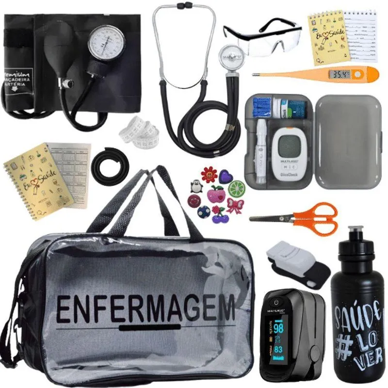 Kit Bolsa Aparelho De Pressão Aneroide Medidor De Glicose Completo Enfermagem Preto