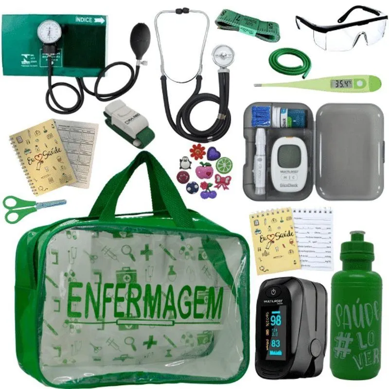 Kit Bolsa Aparelho De Pressão Aneroide Medidor De Glicose Completo Enfermagem Verde