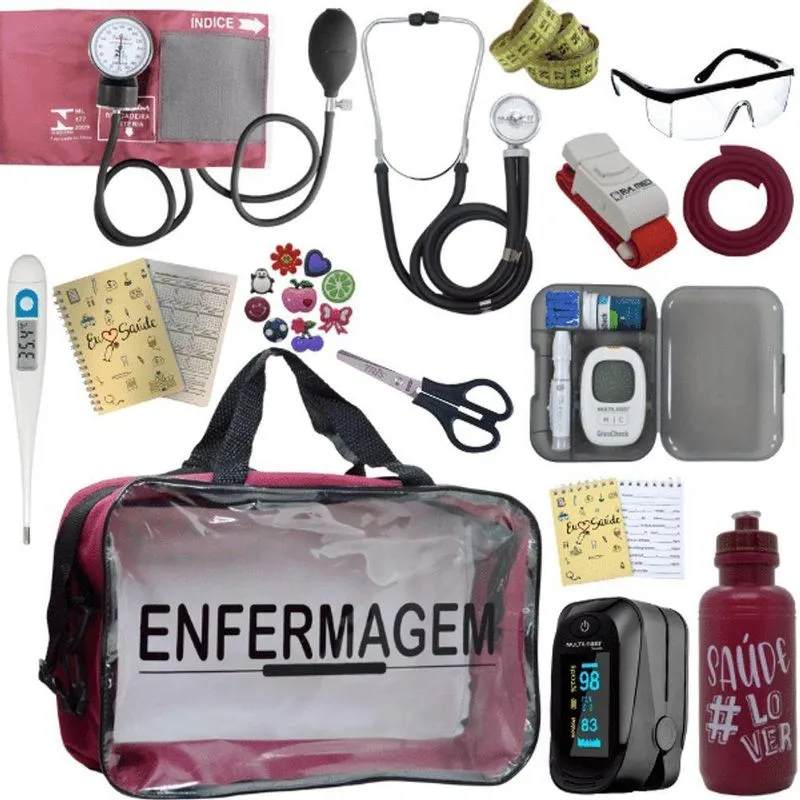 Kit Bolsa Aparelho De Pressão Aneroide Medidor De Glicose Completo Enfermagem Vermelho Escuro