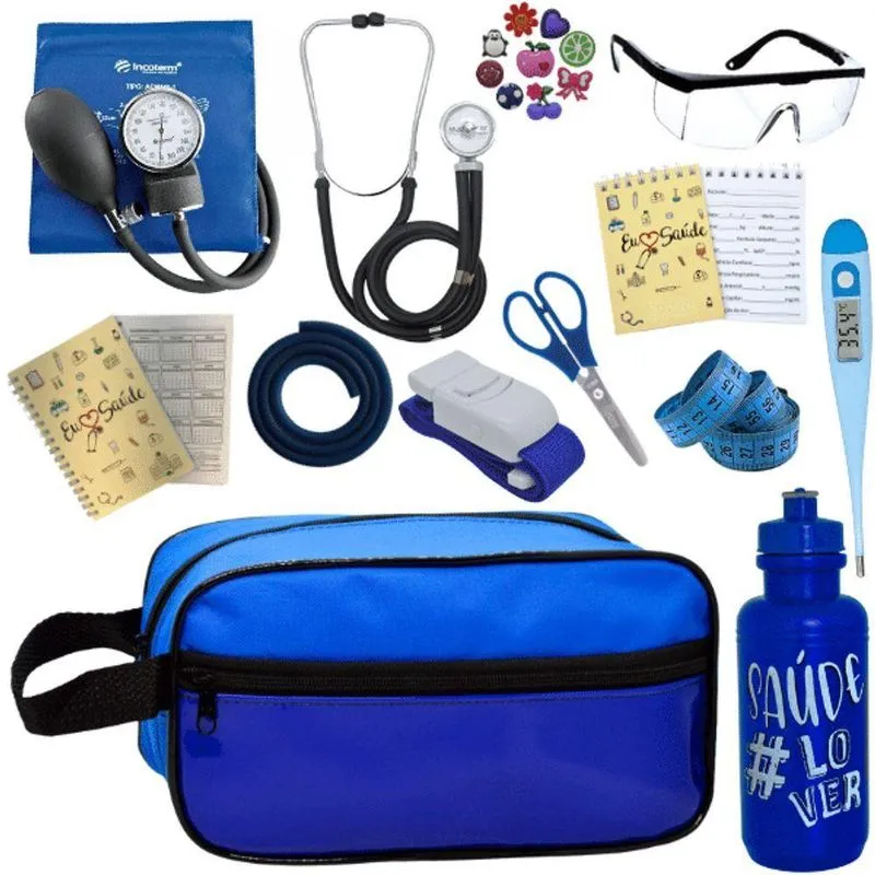 Kit Enfermagem Aparelho De Pressão Estetoscópio Aneroide Estágio Azul