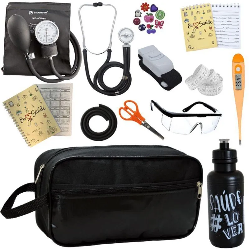 Kit Enfermagem Aparelho De Pressão Estetoscópio Aneroide Estágio Preto
