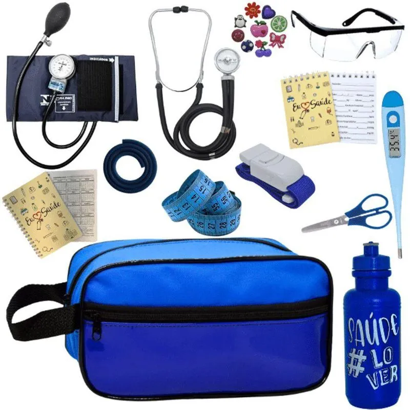 Kit Enfermagem Aparelho De Pressão Estetoscópio Aneroide Estágio Azul