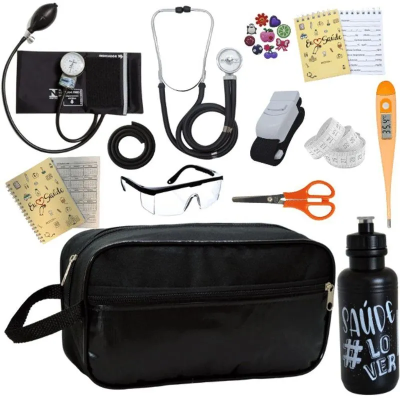 Kit Enfermagem Aparelho De Pressão Estetoscópio Aneroide Estágio Preto