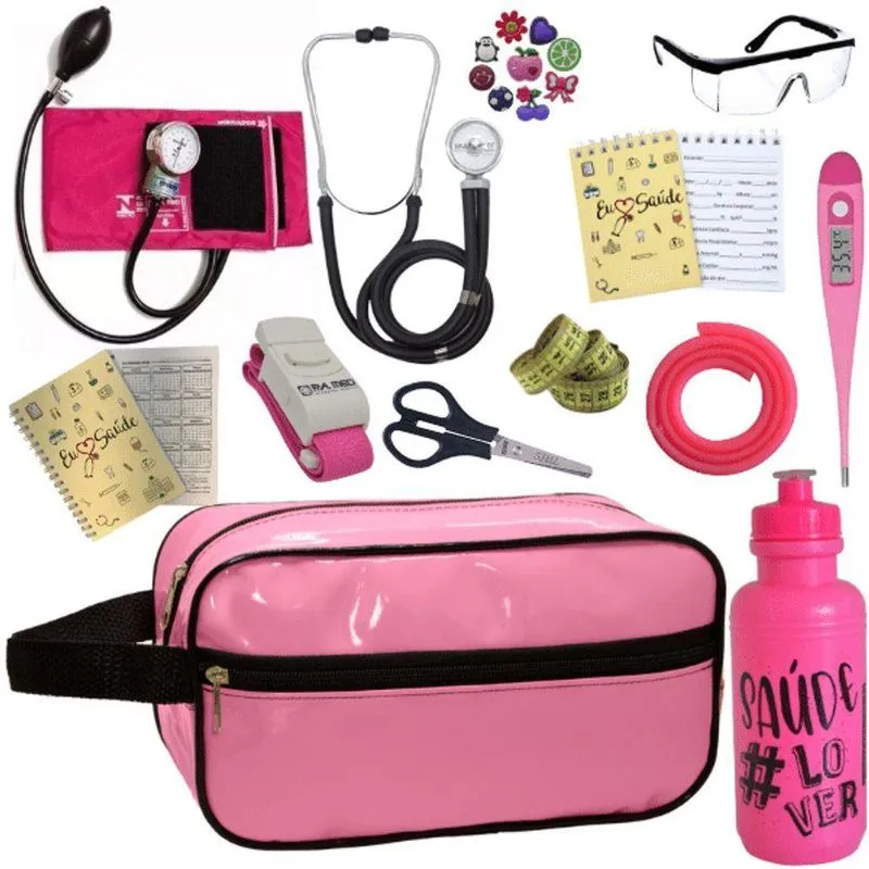 Kit Enfermagem Aparelho De Pressão Estetoscópio Aneroide Estágio Rosa